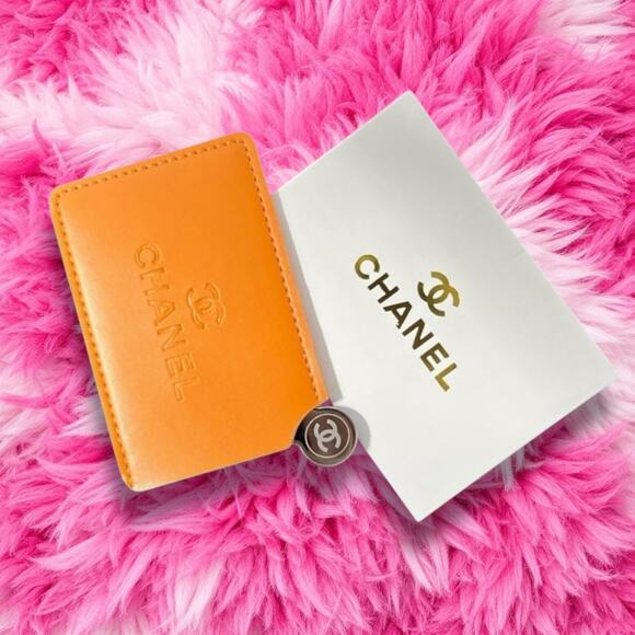 New With Box Orange Elegant Embossed Chanel Card Holder/Mirror - Picture 1 of 3